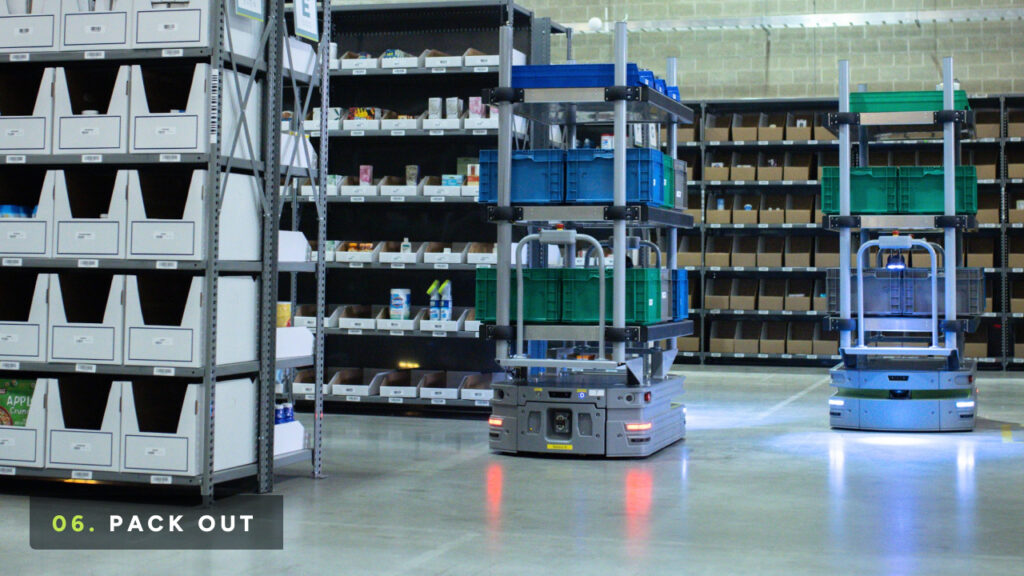 Once complete, LumabotsTM travel to pack out for order packing and shipping.